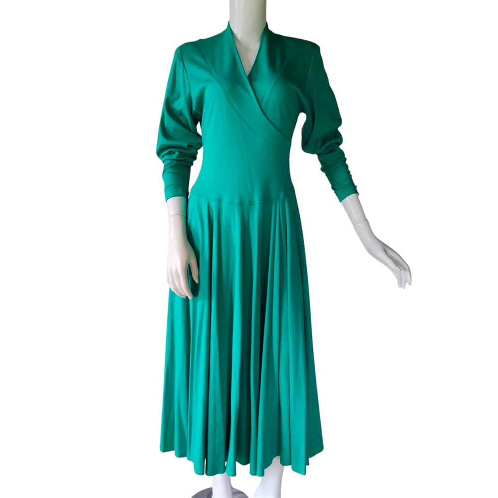 Vintage 80s Lloyd Williams Kelly Green Knit Maxi Dress Faux Wrap Retro Pockets M